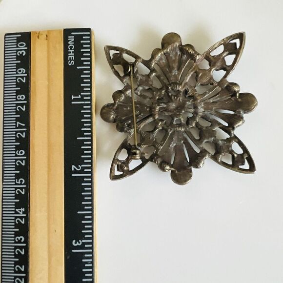 Vintage Victorian Style Filigree Brooch Silver Black Amber Tone Rhinestones 4053 - Picture 8 of 9